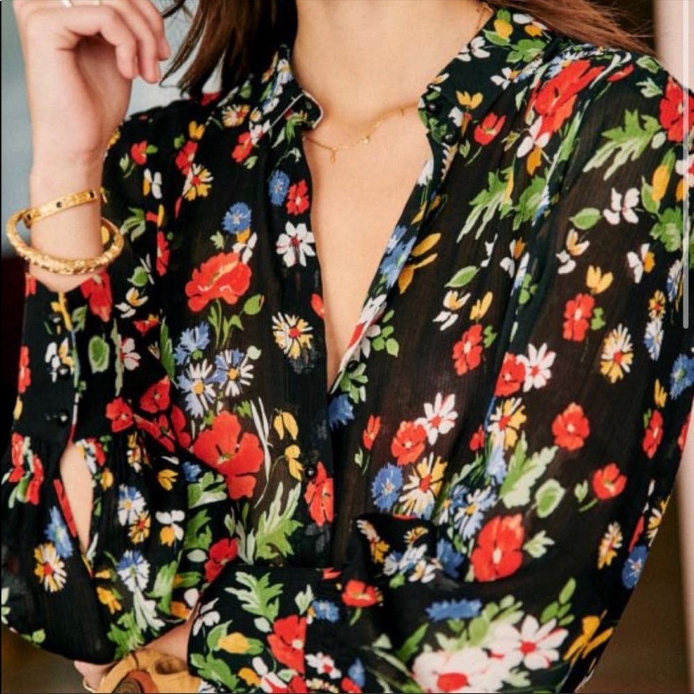 Sezane Tianna Shirt Multicolored Flowers Black background